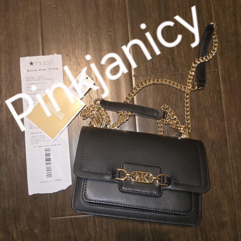 New w/ Tag Michael Kors Heather Crossbody Bag Black leather Gold chain Small